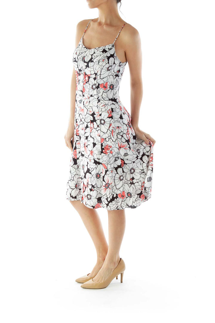 White, Black and Pink Floral Day Dress