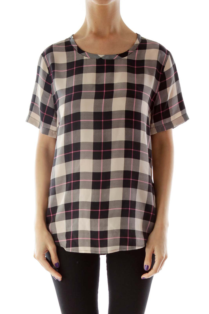 Black and Beige Plaid Silk Blouse