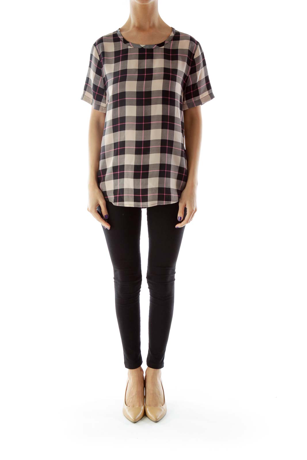 Black and Beige Plaid Silk Blouse