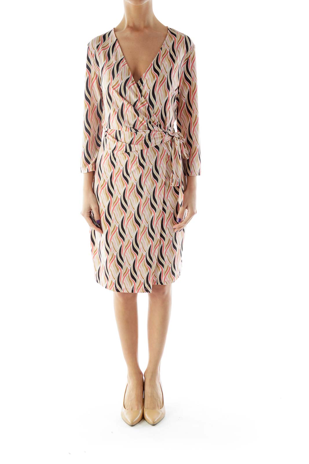 Pink Beige Printed Wrap Dress