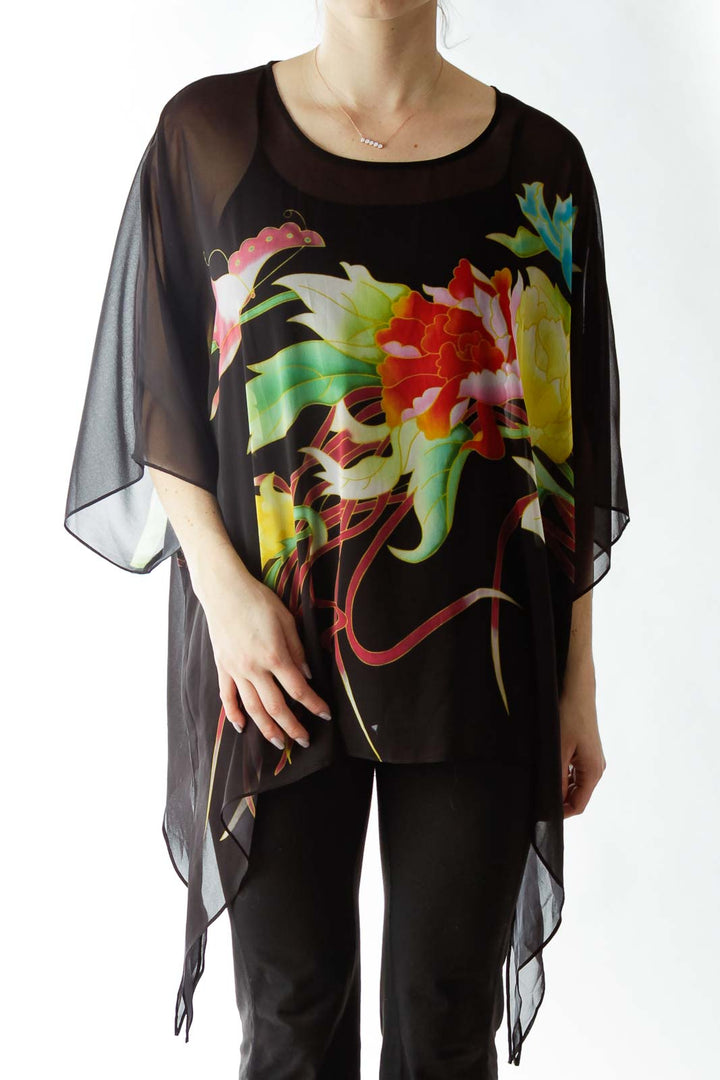 Black Flower Print Sheer Blouse