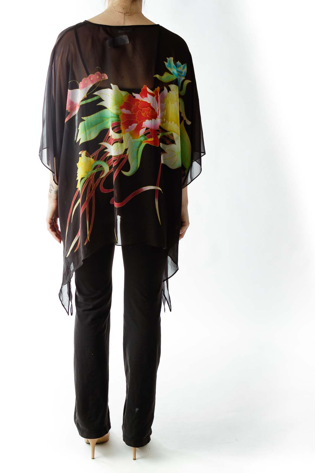 Black Flower Print Sheer Blouse