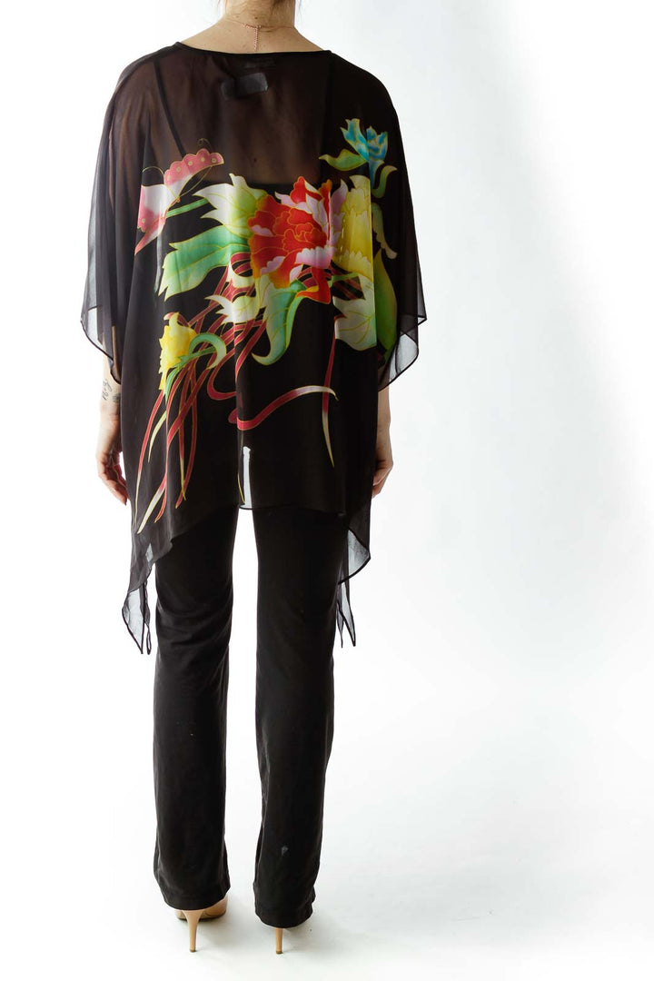 Black Flower Print Sheer Blouse