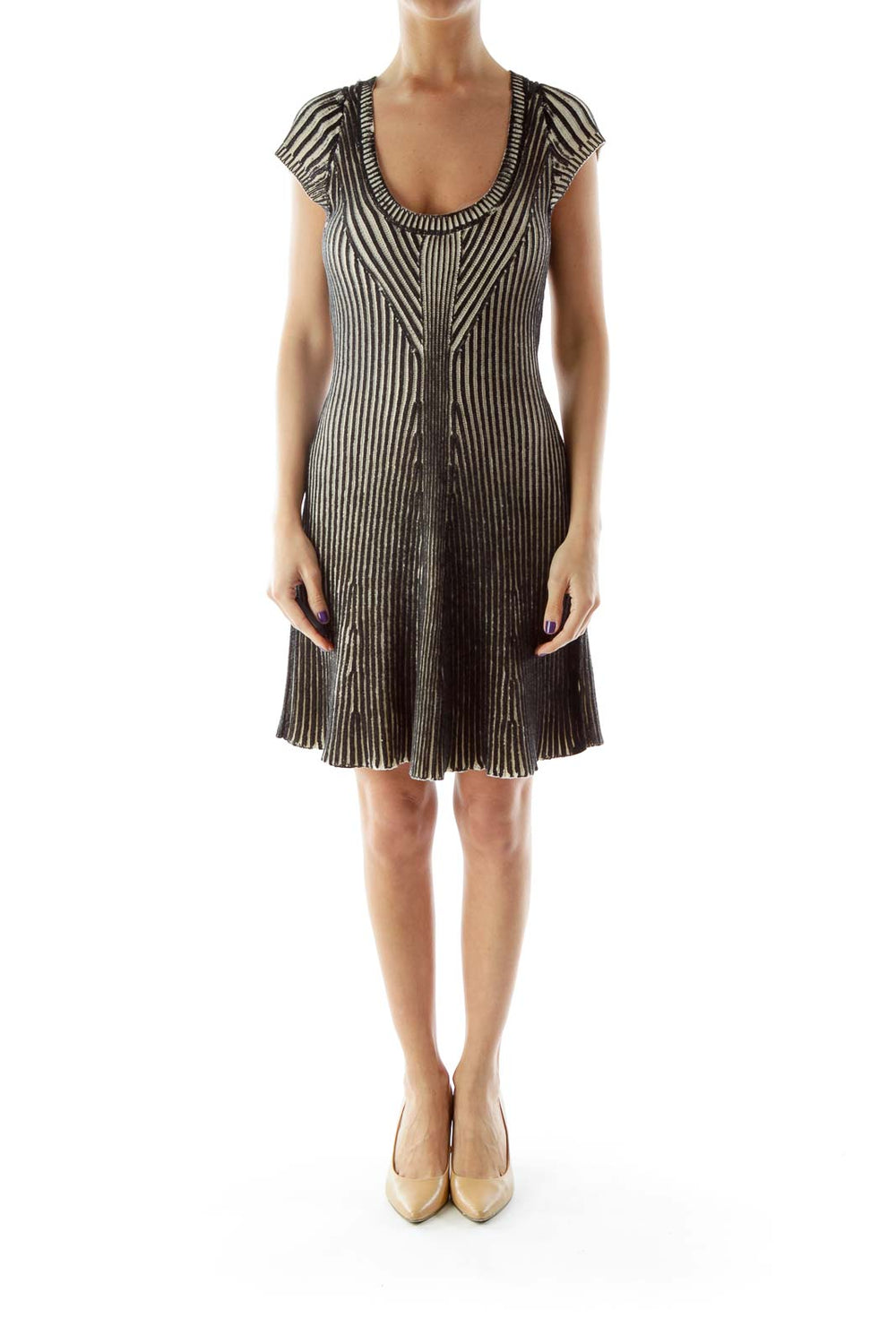 Front view of Free People Black and White Striped Knit Dress