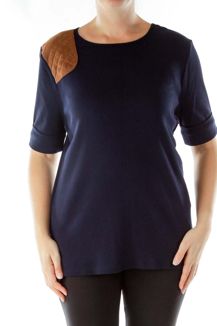 Navy Ribbed Shirt with Faux Suede Detail