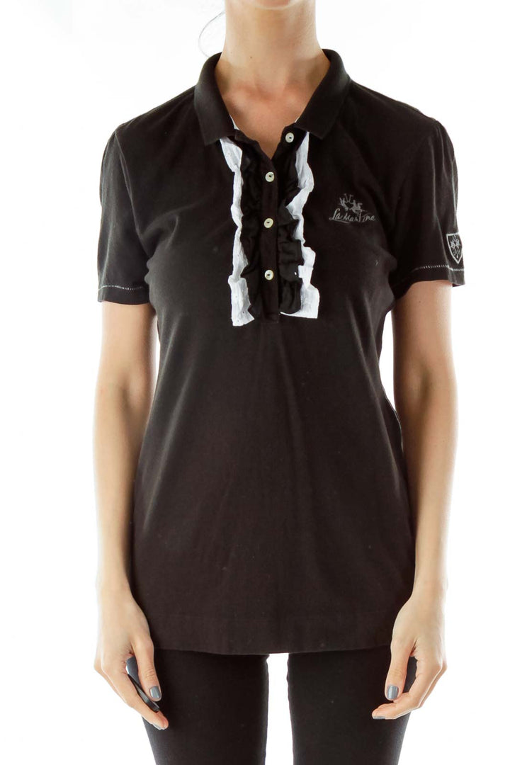 Black White Buttoned Embroidered Polo Shirt