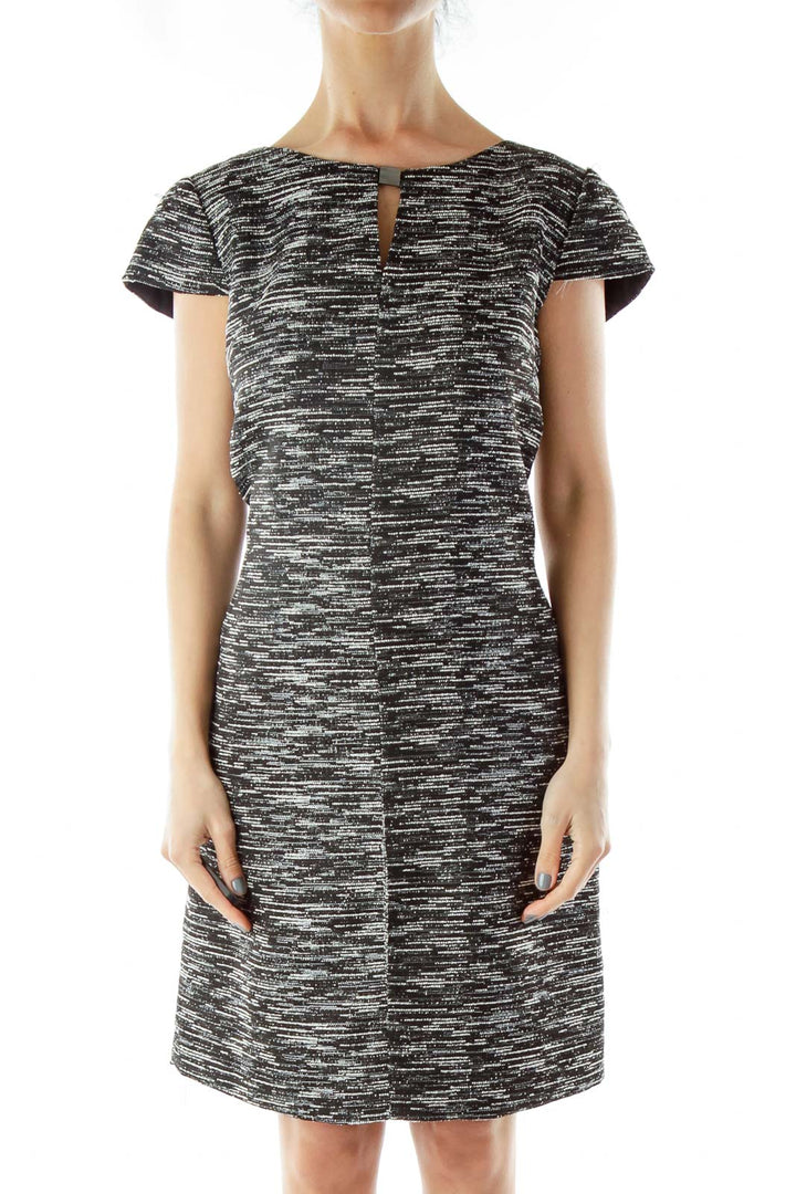 Black White Mottled Cut-Out Cap-Sleeve Dress