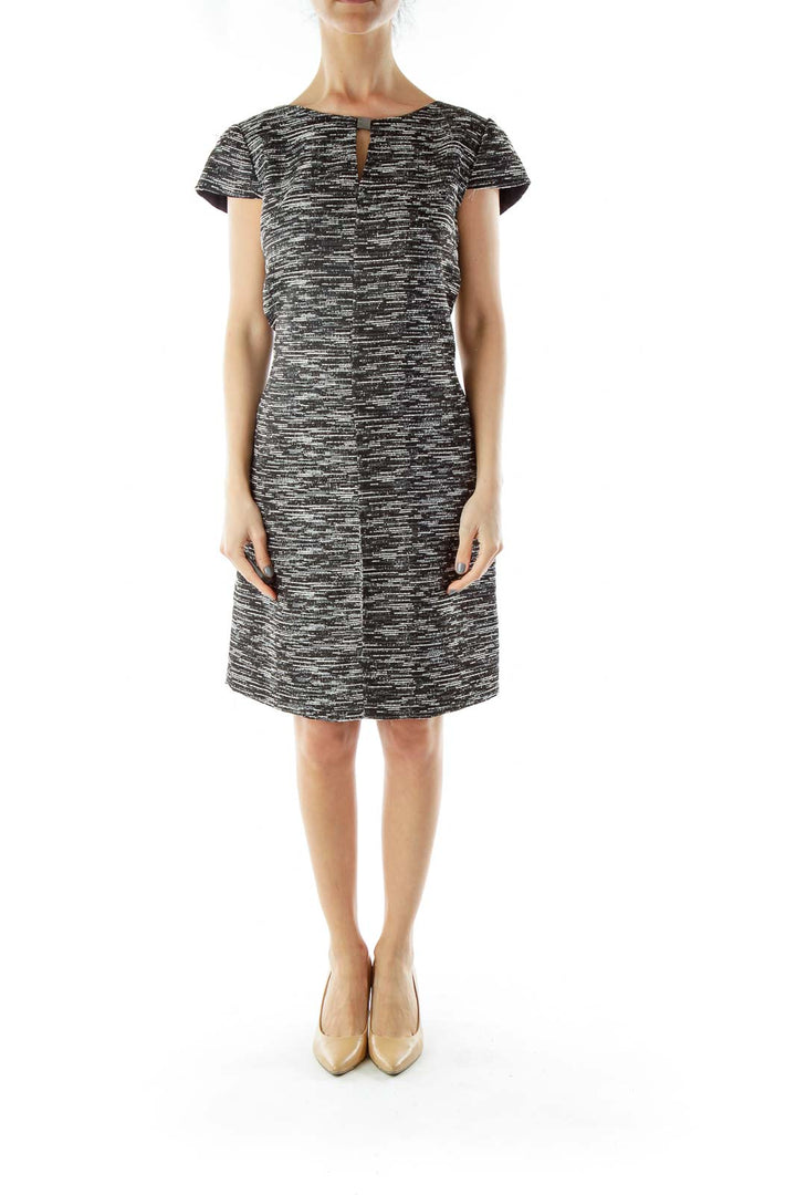 Black White Mottled Cut-Out Cap-Sleeve Dress