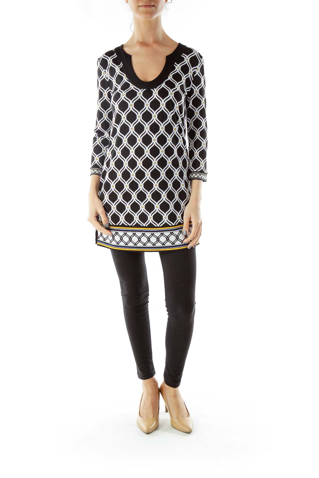 Black White Yellow Geometric Print Dress