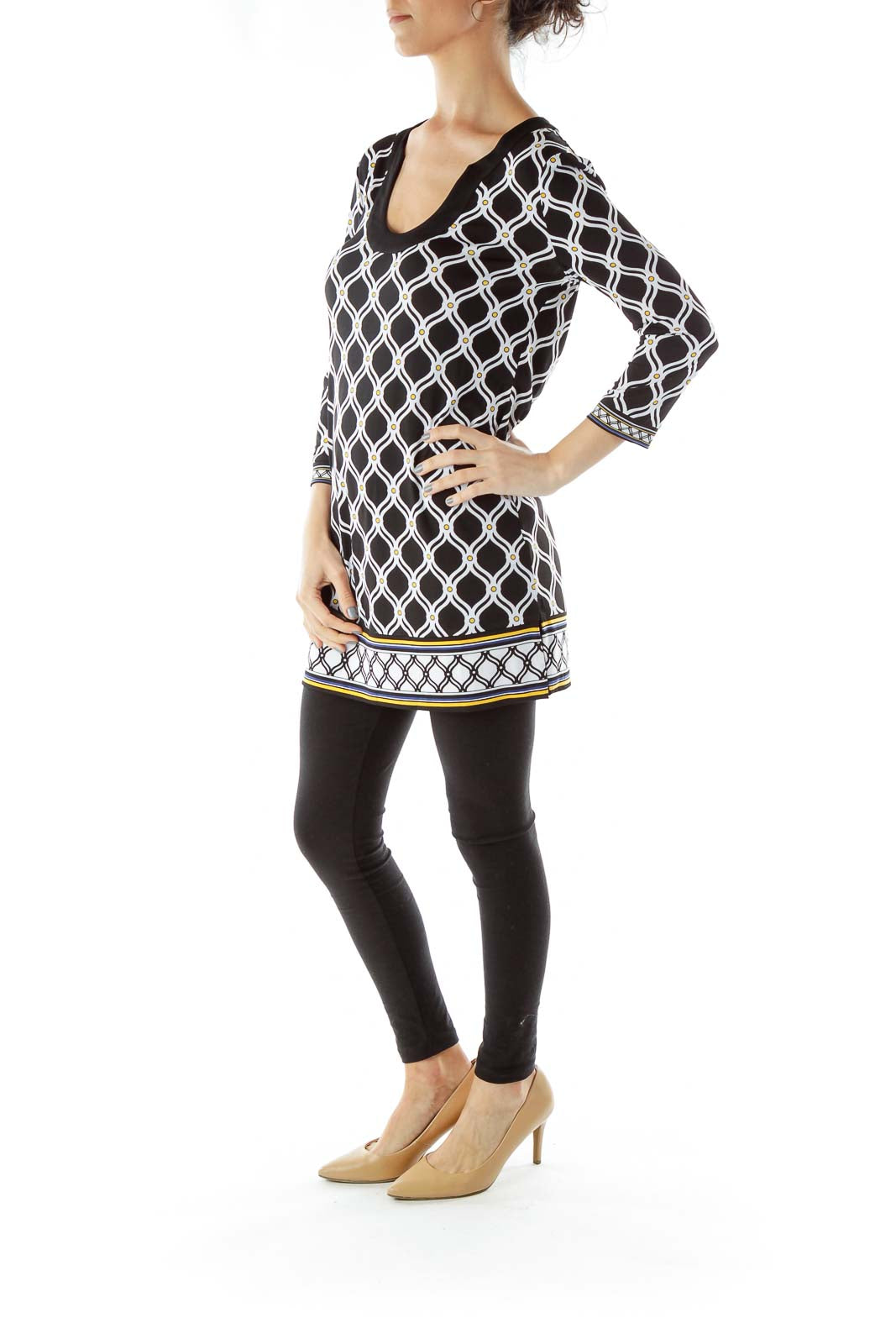 Black White Yellow Geometric Print Dress