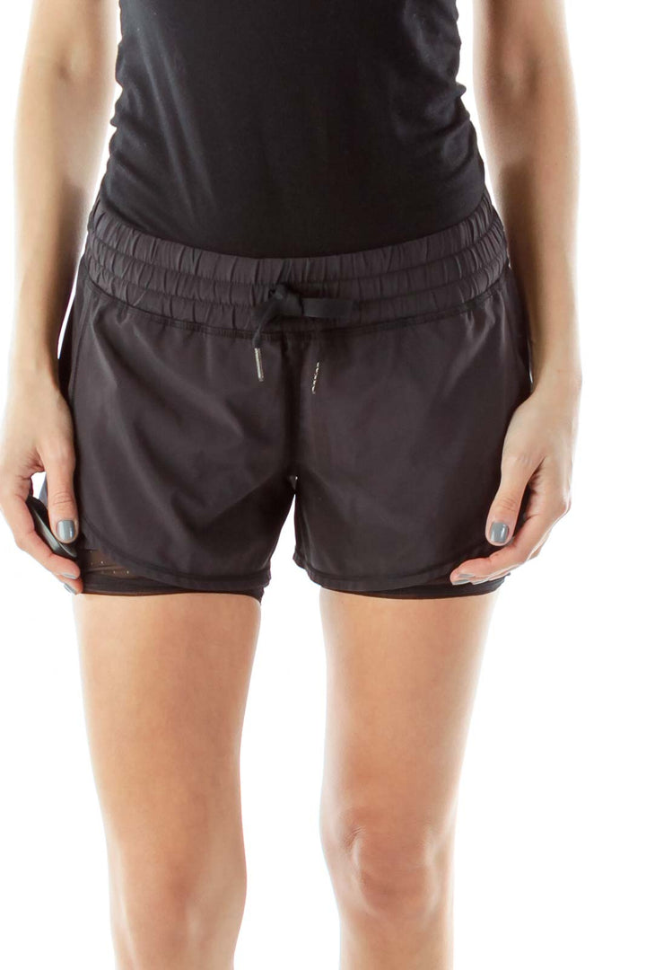 Black Layered Drawstring Sports Shorts