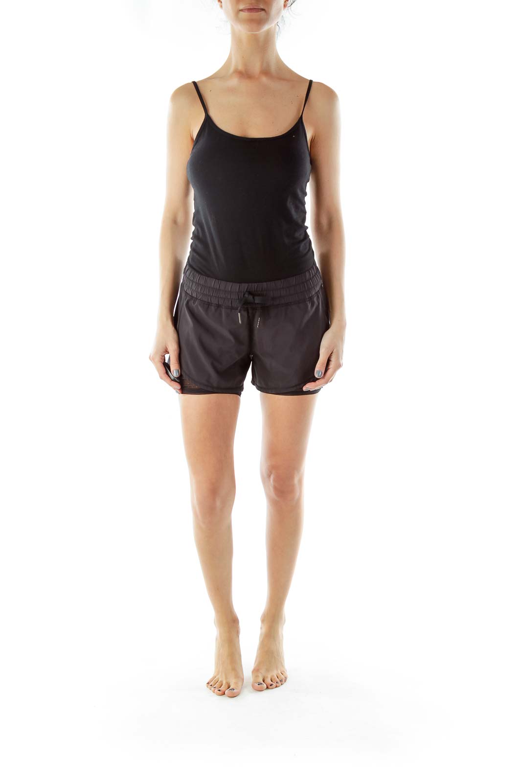 Black Layered Drawstring Sports Shorts