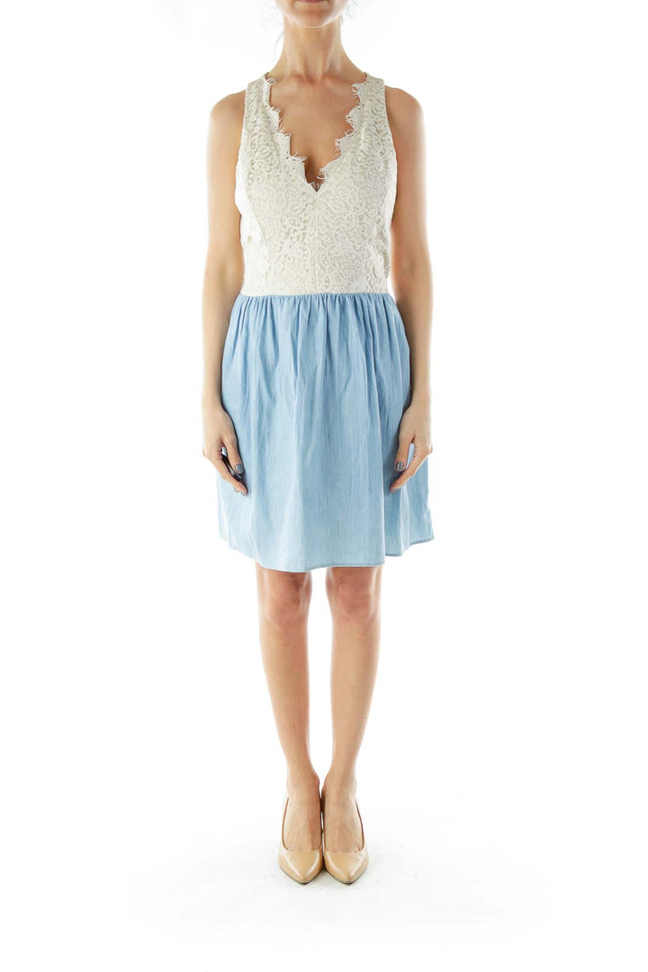 White Blue Lace Cut-Out Dress