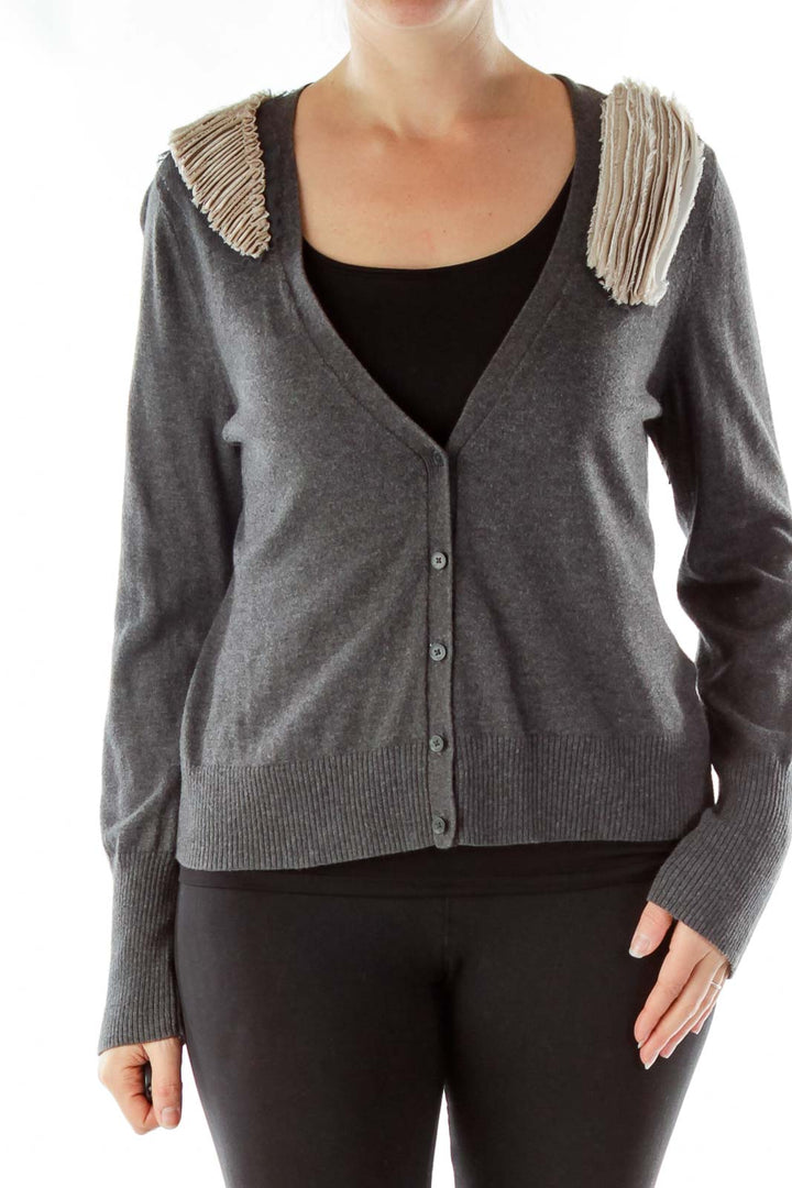 Gray Beige Ruffle Shoulder Cardigan