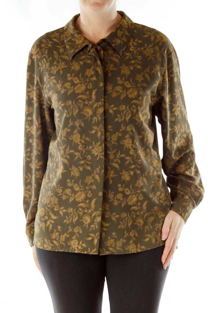 Green Gold Floral Print Blouse