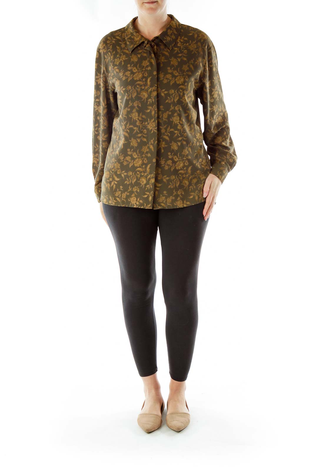 Green Gold Floral Print Blouse