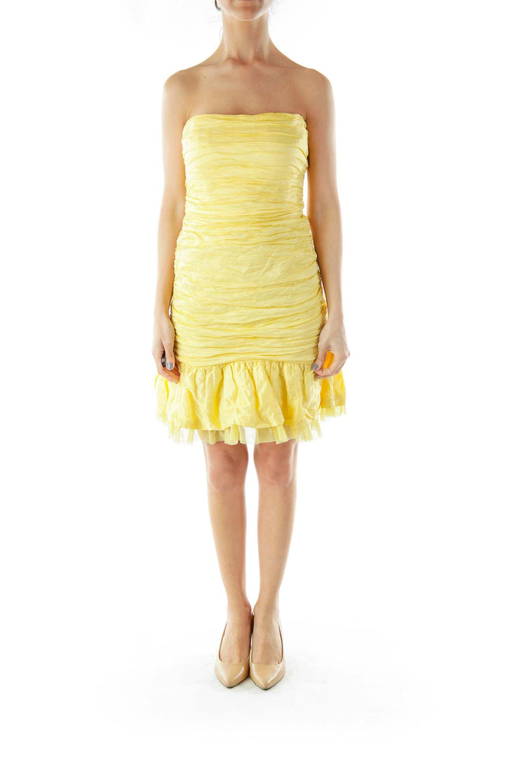 Yellow Metallic Strapless Cocktail Dress