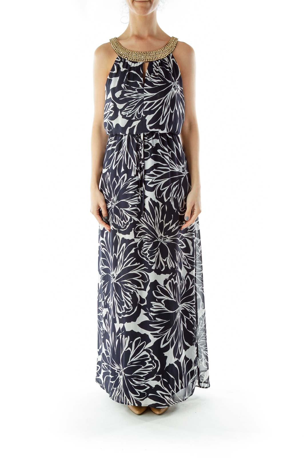 Black Gray Beaded Print Maxi Dress