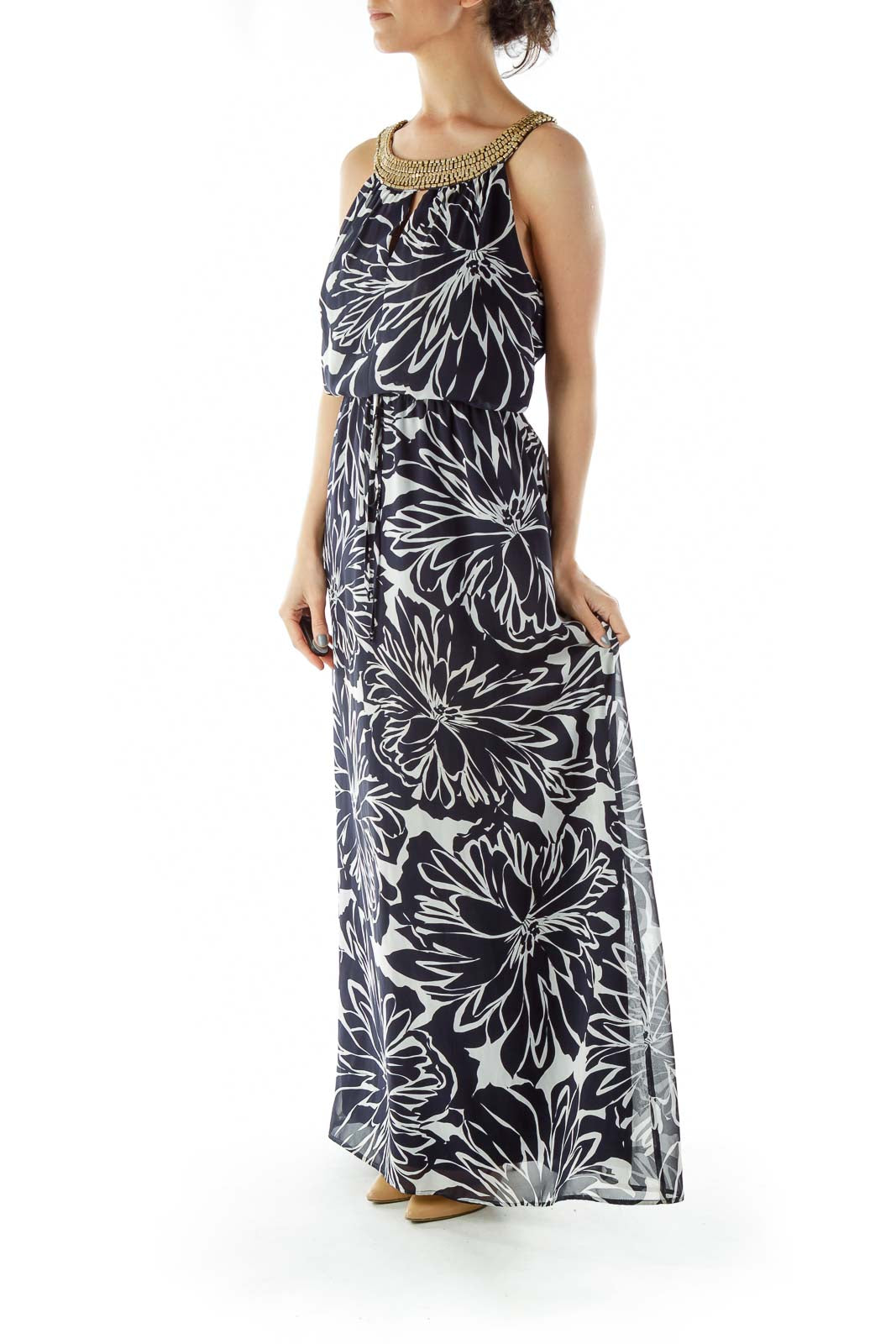 Black Gray Beaded Print Maxi Dress