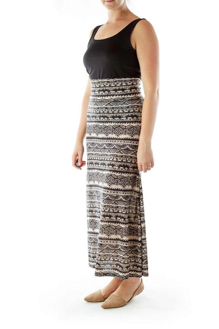 Black Beige Tribal Print Maxi Skirt