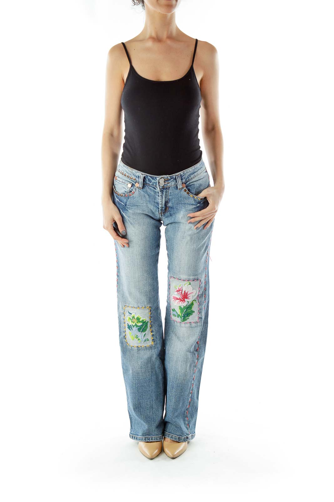 Blue Embroidered Patchwork Flared Jeans