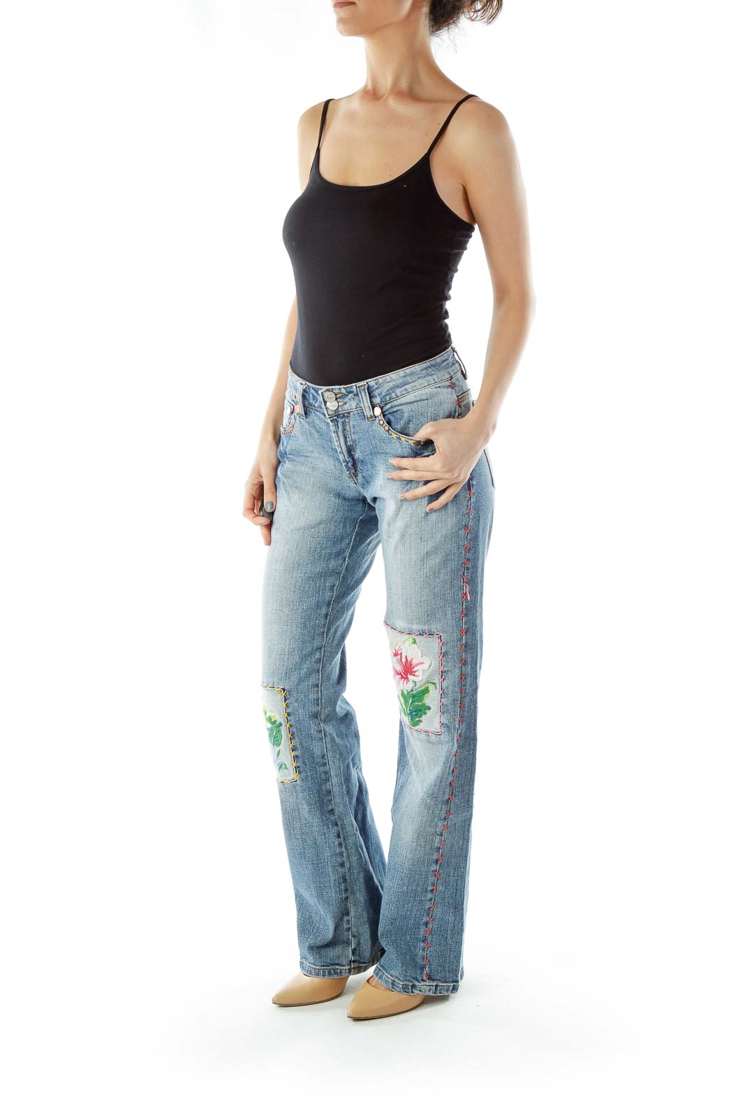 Blue Embroidered Patchwork Flared Jeans