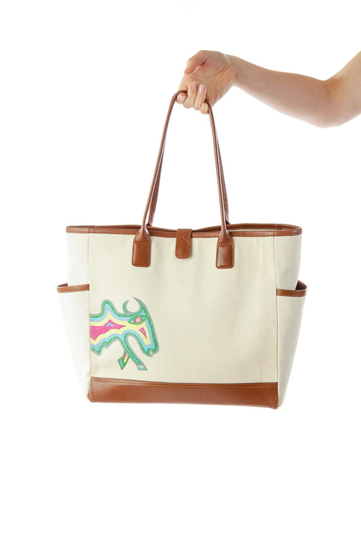 Beige Brown Embroidered Tote