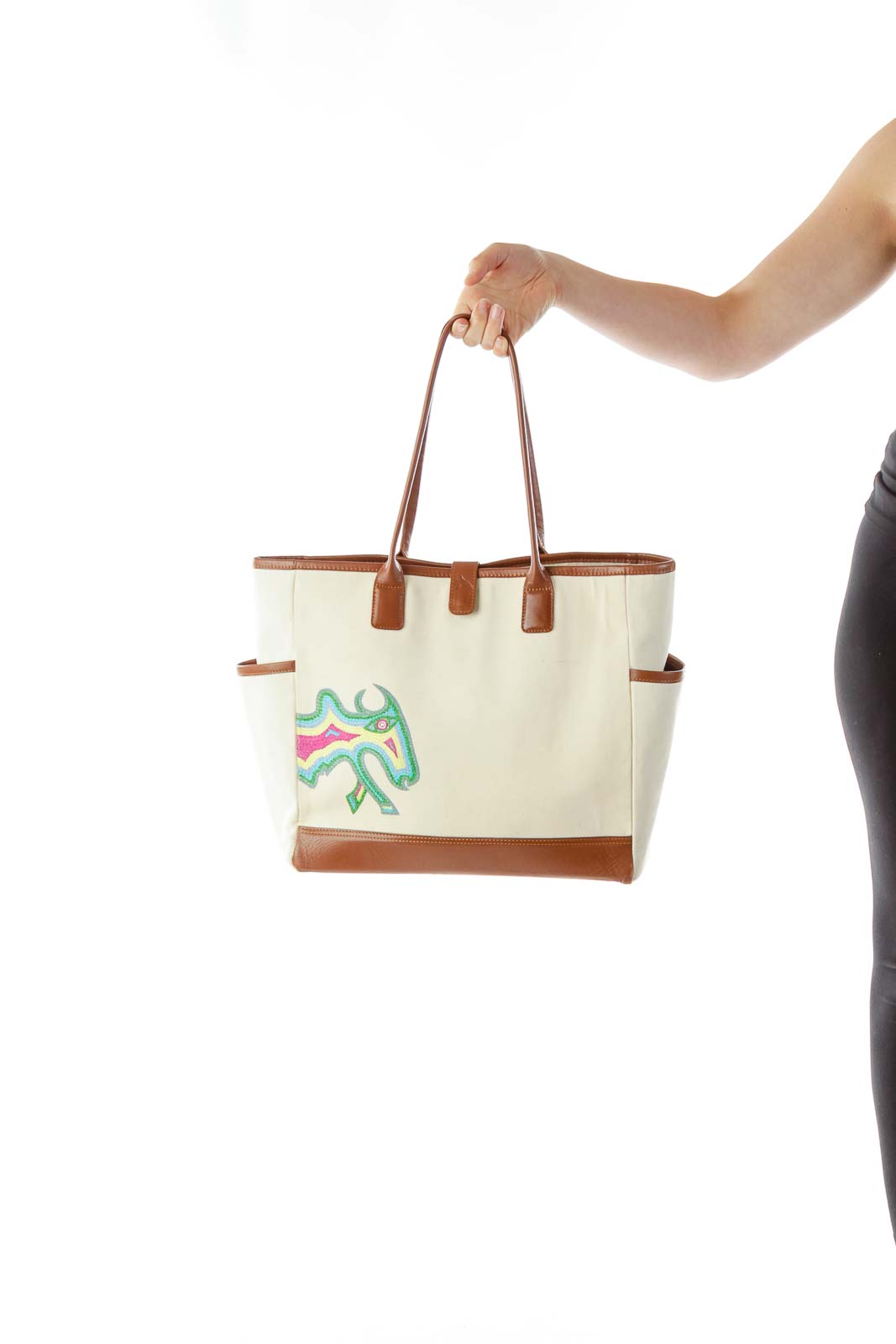 Beige Brown Embroidered Tote