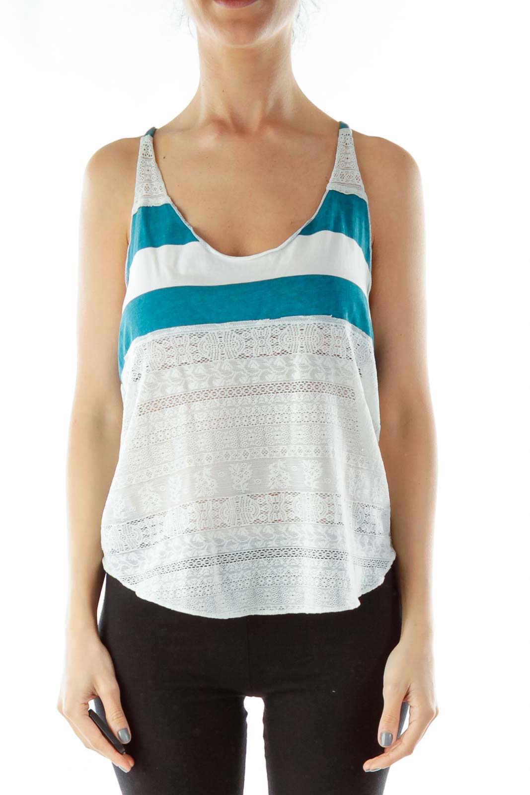 Front view of Free People teal and white striped tank top with lace detailing