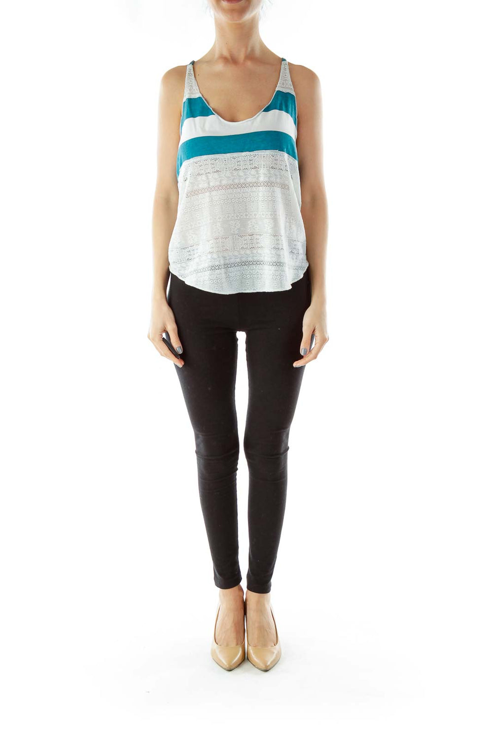 Front view of Free People teal and white striped tank top with lace detailing