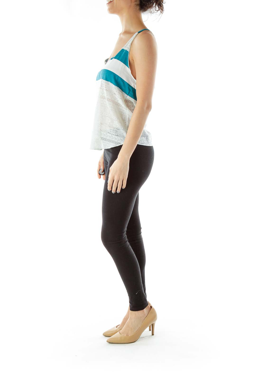 Front view of Free People teal and white striped tank top with lace detailing