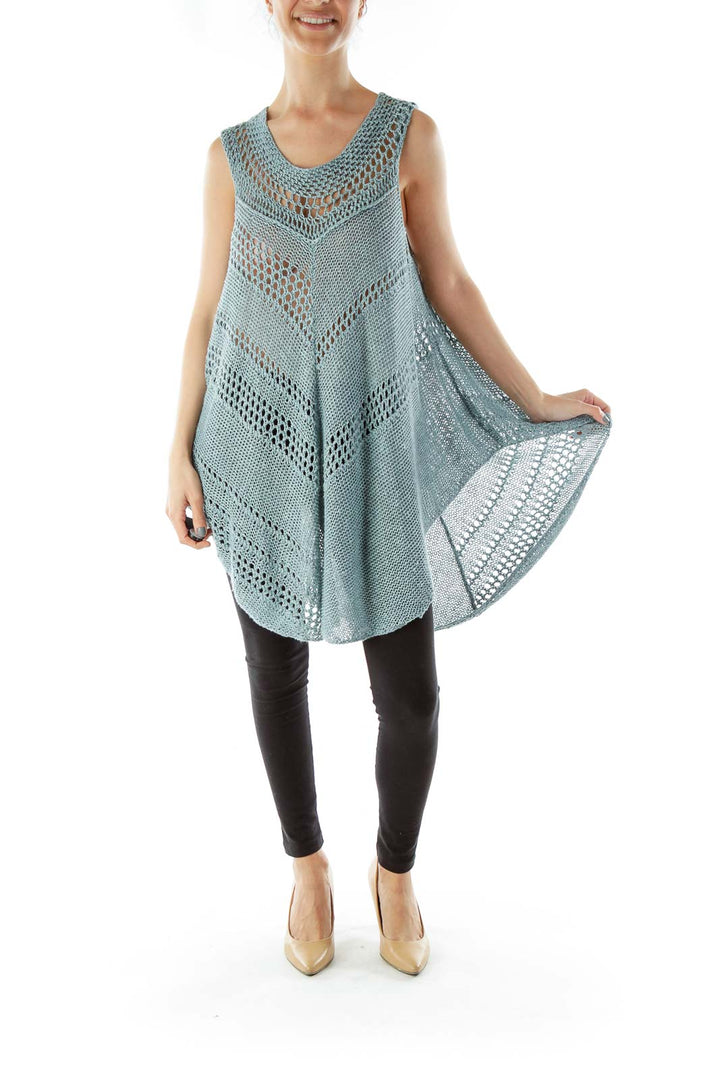 Front view of mint green crochet knit sleeveless tunic from Free People