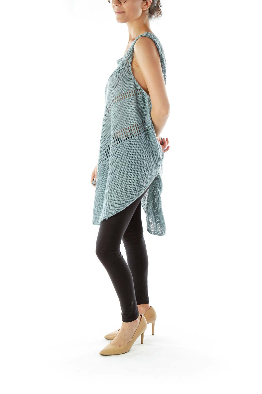 Front view of mint green crochet knit sleeveless tunic from Free People