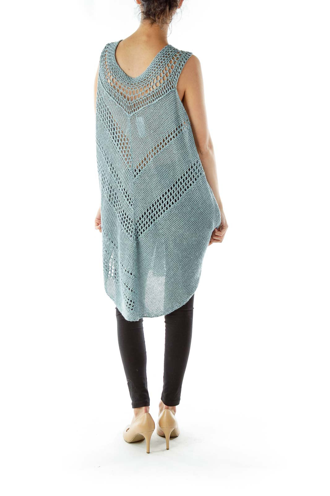 Back view of mint green crochet knit sleeveless tunic showing asymmetrical hemline