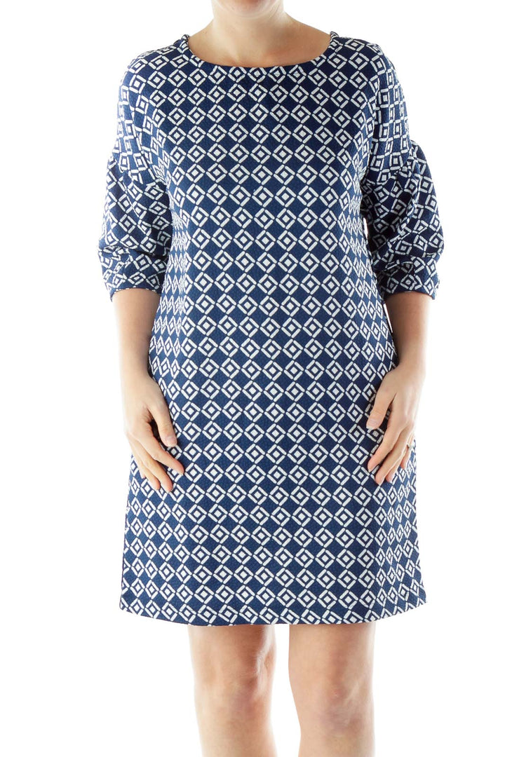 Blue White Geometric Print Day Dress