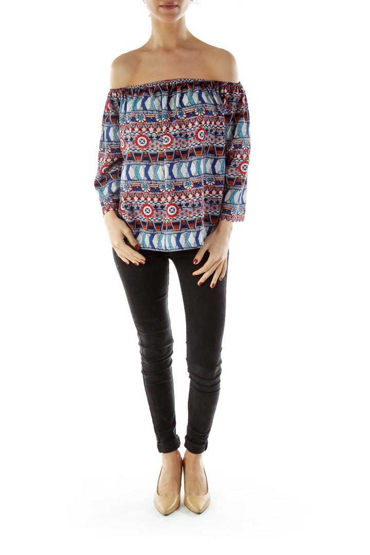 Blue Red Printed Blouse