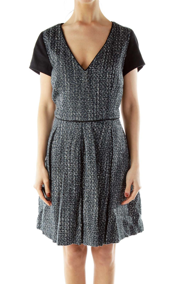 Black White Mottled V-neck Work Dress