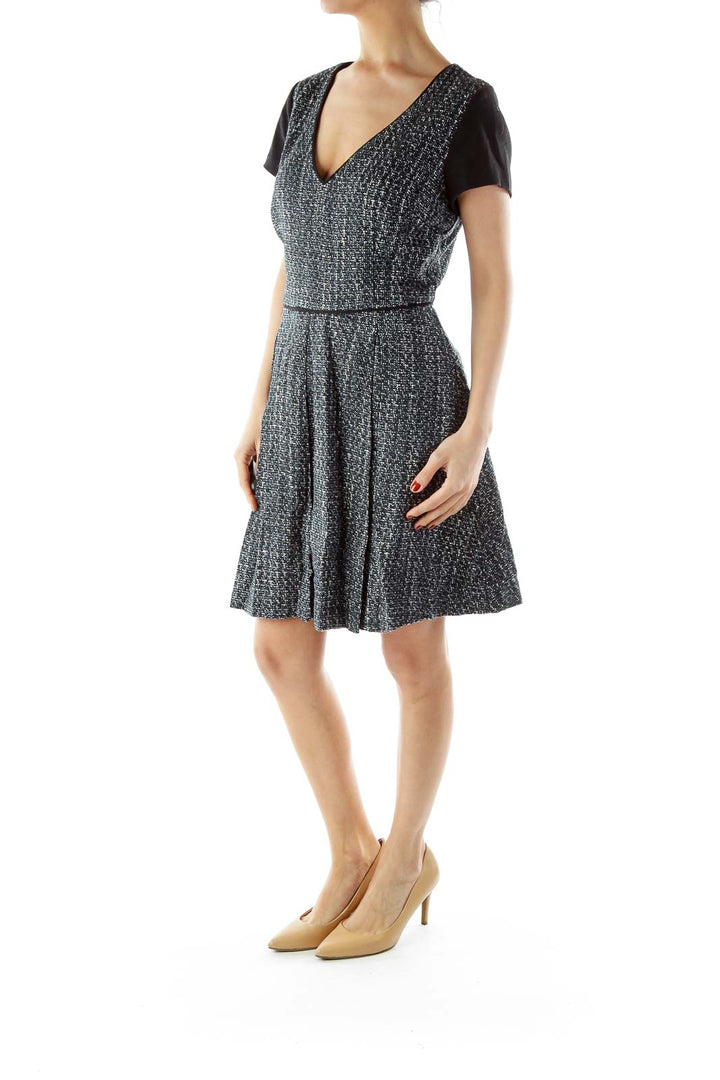 Black White Mottled V-neck Work Dress