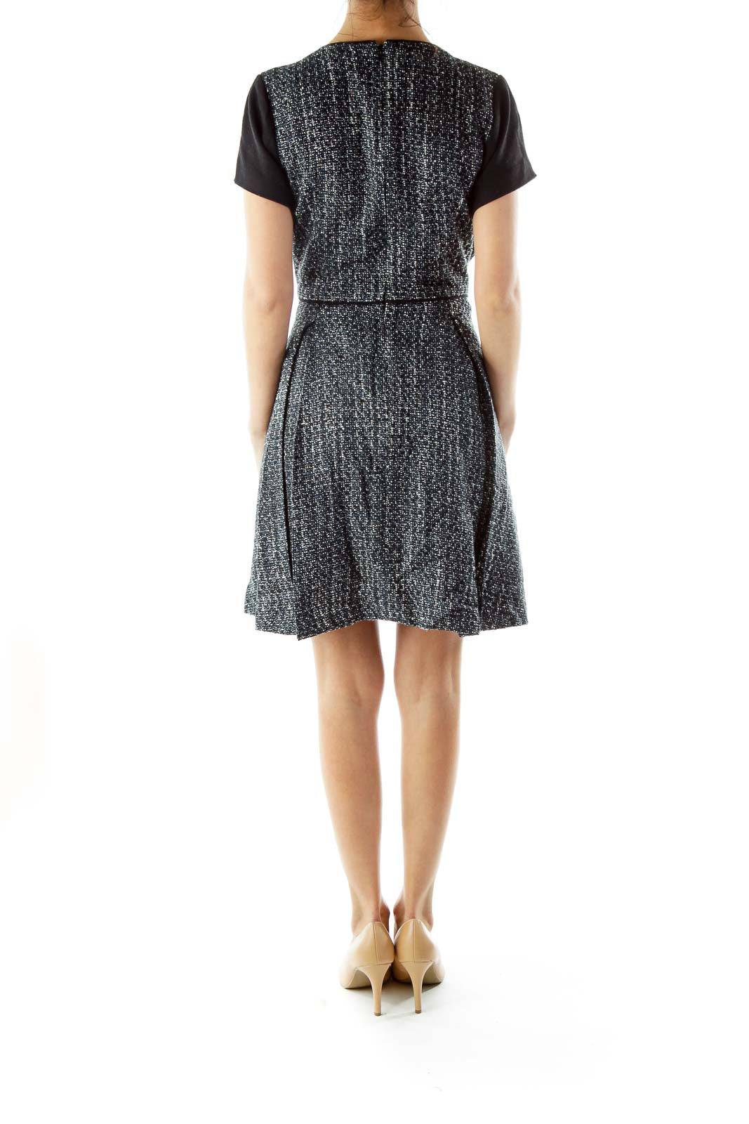 Black White Mottled V-neck Work Dress