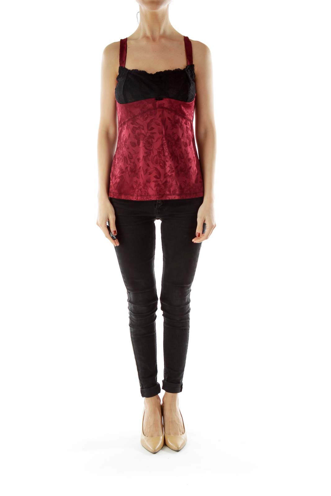 Maroon Black Satin Lace Tank