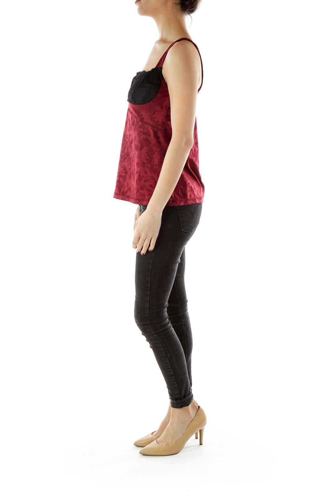 Maroon Black Satin Lace Tank