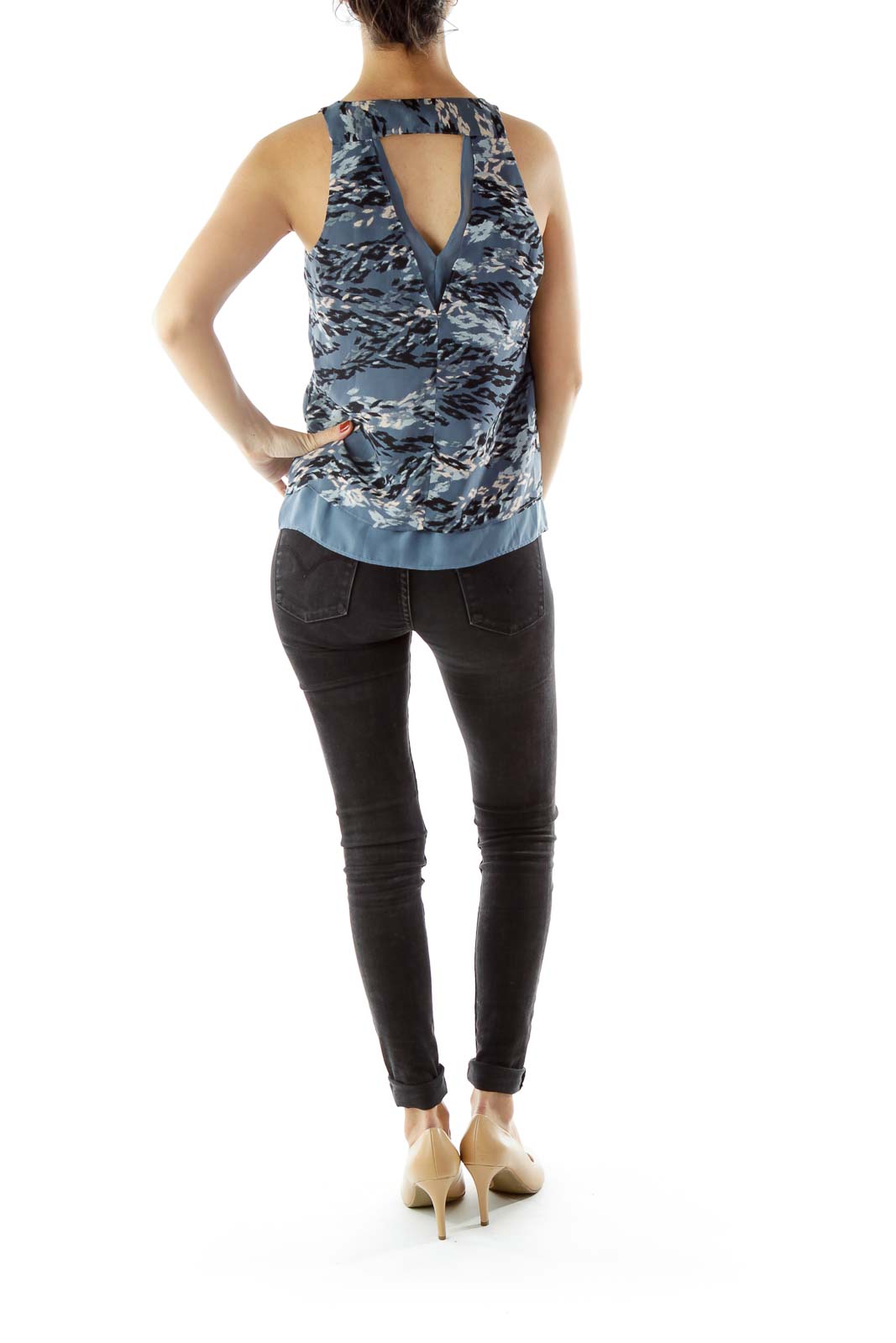 Blue V-Neck Sleeveless Print Blouse