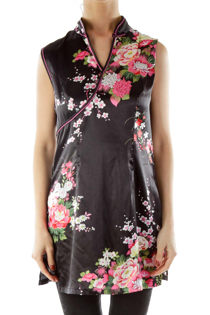 Black Floral Qi Pao Dress