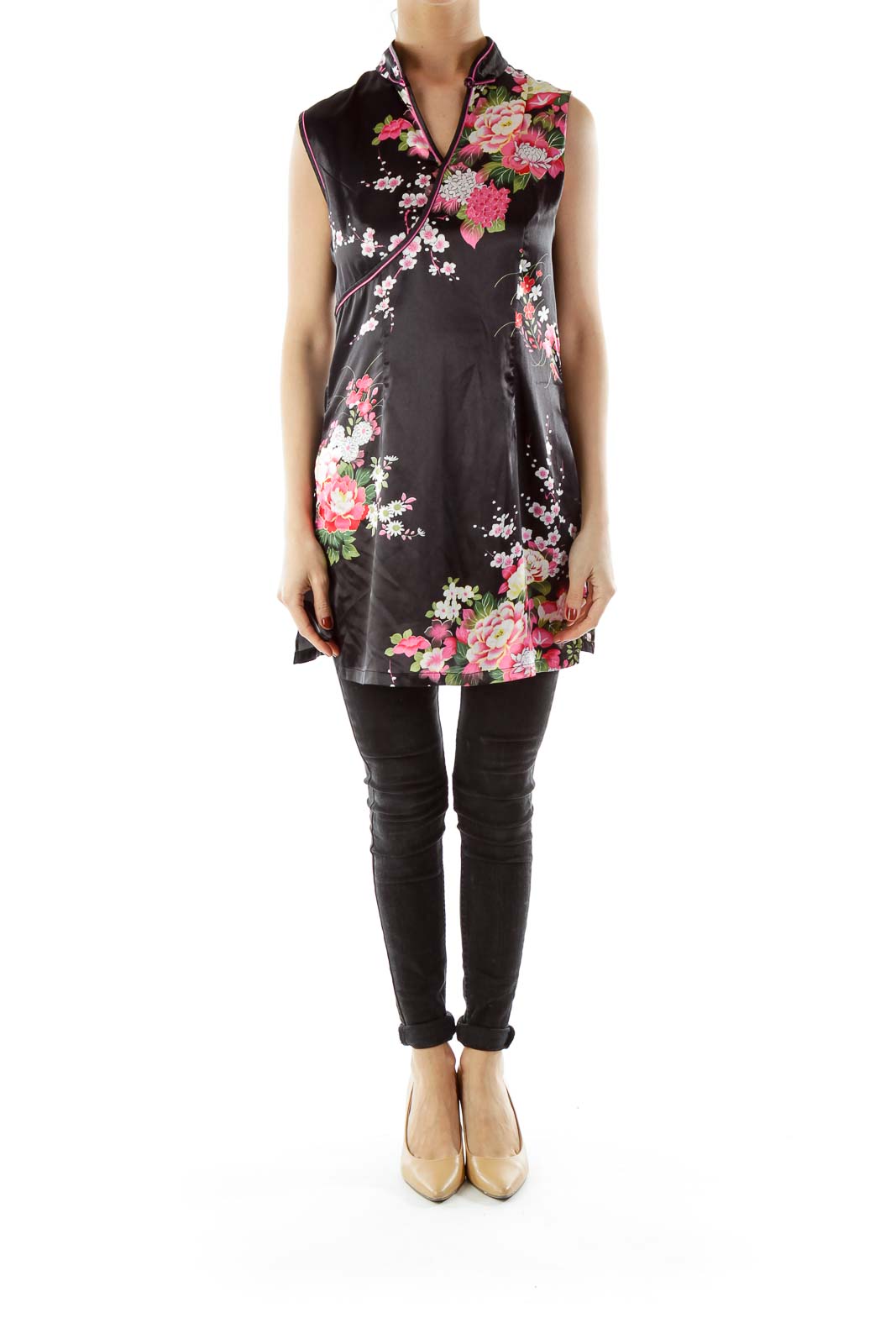 Black Floral Qi Pao Dress