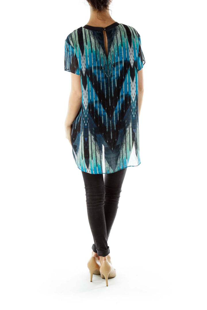 Black Round Neck Blue Print Flared Blouse