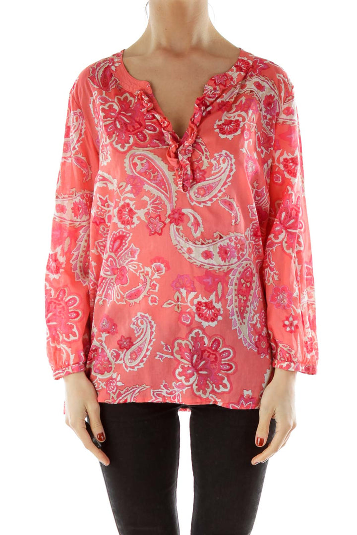 Red Floral Print V-neck Shirt