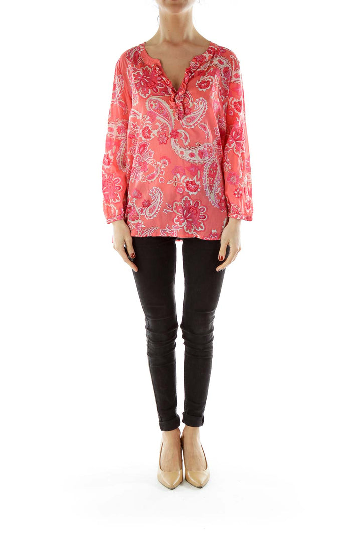 Red Floral Print V-neck Shirt