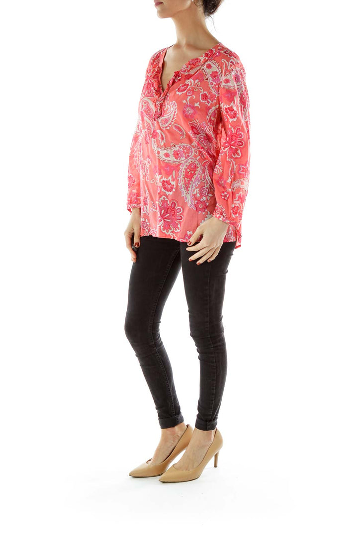 Red Floral Print V-neck Shirt