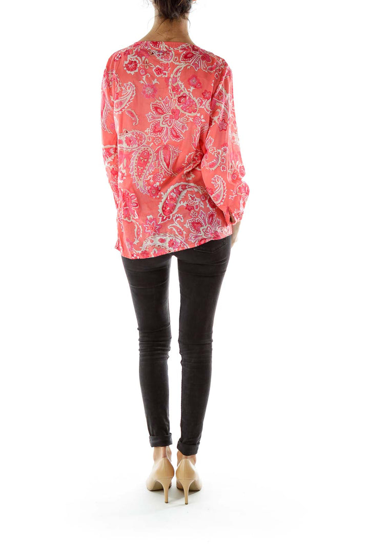 Red Floral Print V-neck Shirt