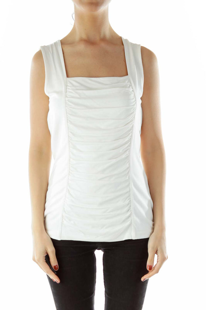 White Ribbed Sleeveless Blouse